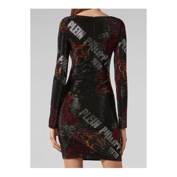 New! Rare PHILIPP PLEIN Logo Rhinestone Embellished Fire Rose Print Mini Dress - Picture 5 of 16
